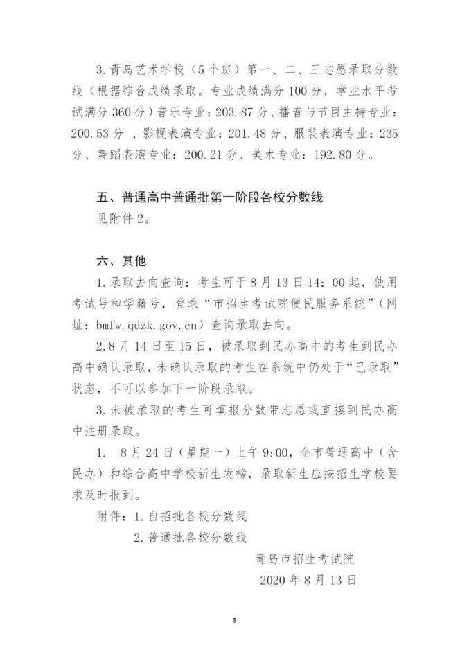 2020青島市中考錄取分?jǐn)?shù)線公布