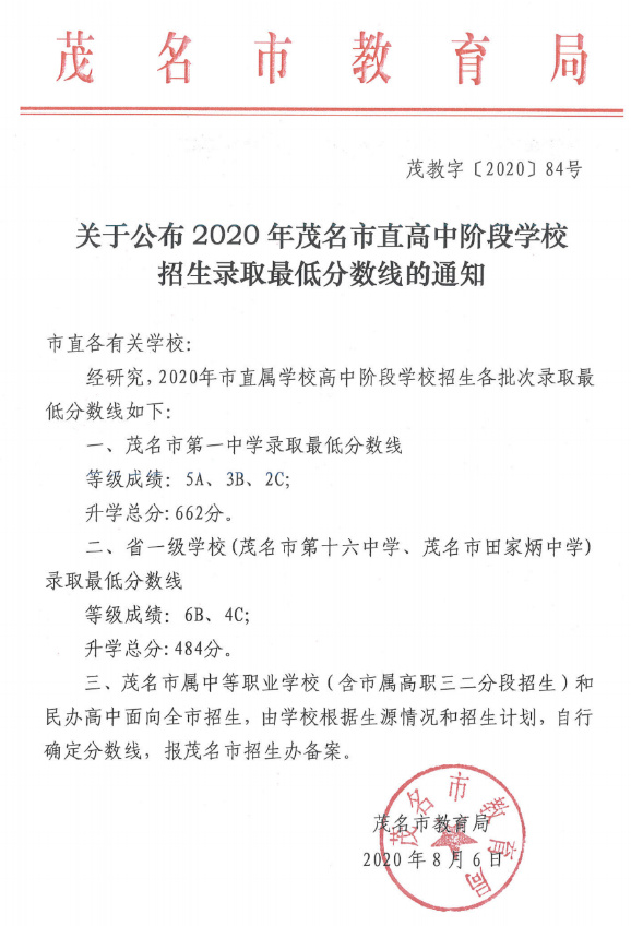 2020茂名中考最低錄取控制分?jǐn)?shù)線