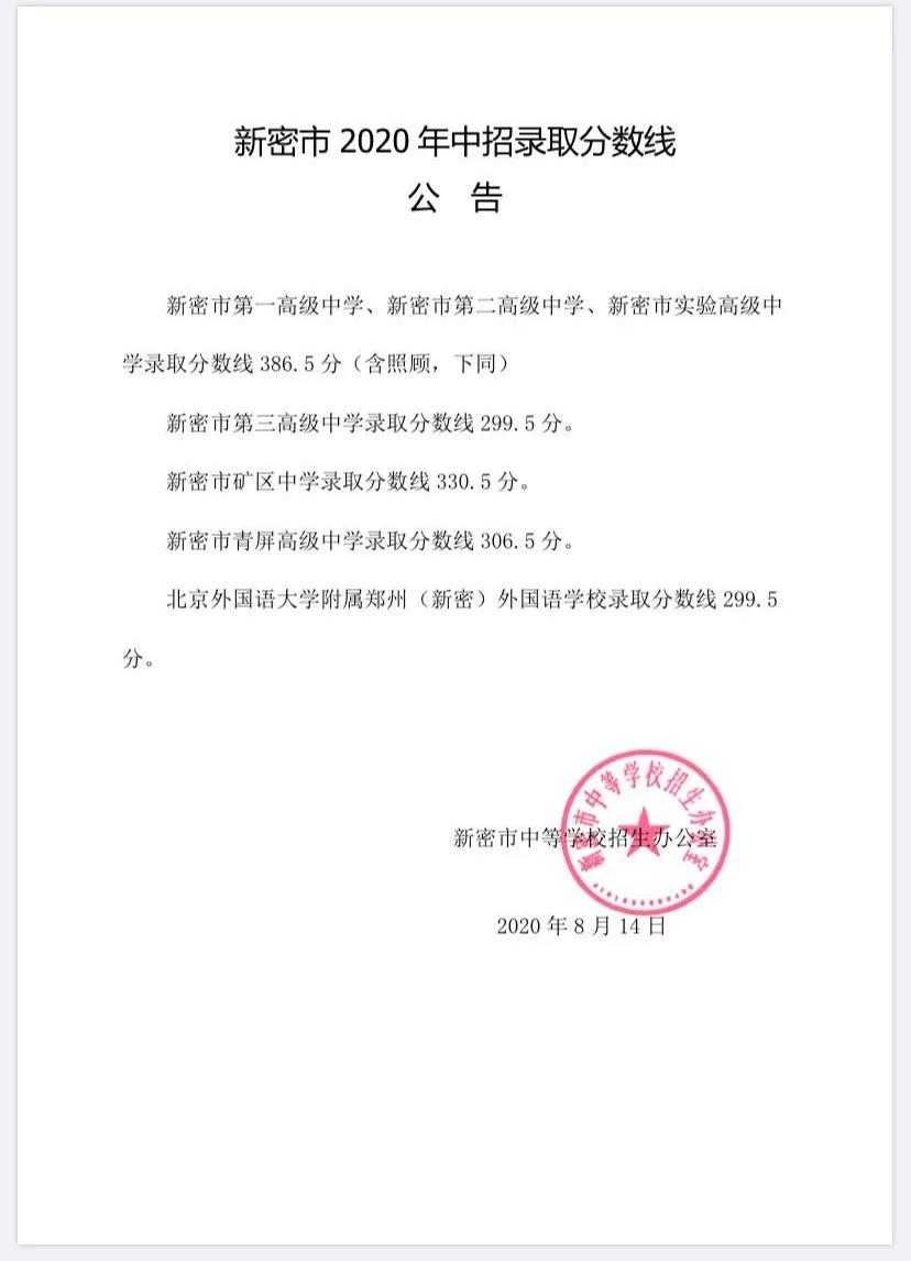 2020河南新密市重點(diǎn)高中中考錄取分?jǐn)?shù)線